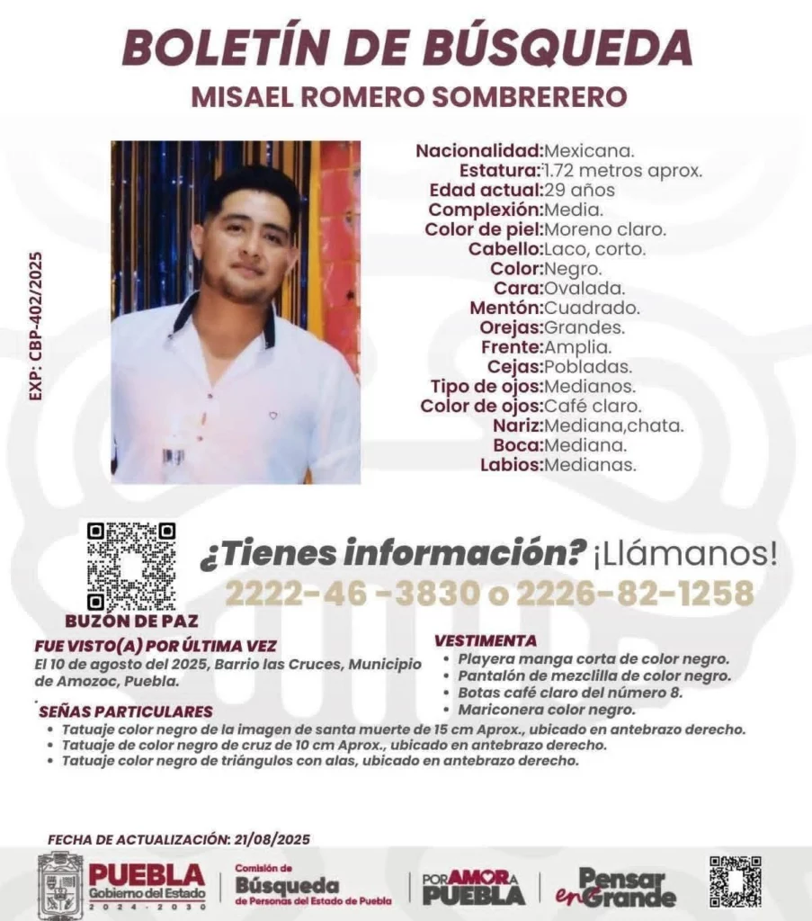 11 jóvenes privados de su libertad regresaron con sus familias en Amozoc, aún falta localizar al número 12: Misael Romero Sombrerero, de 29 años.