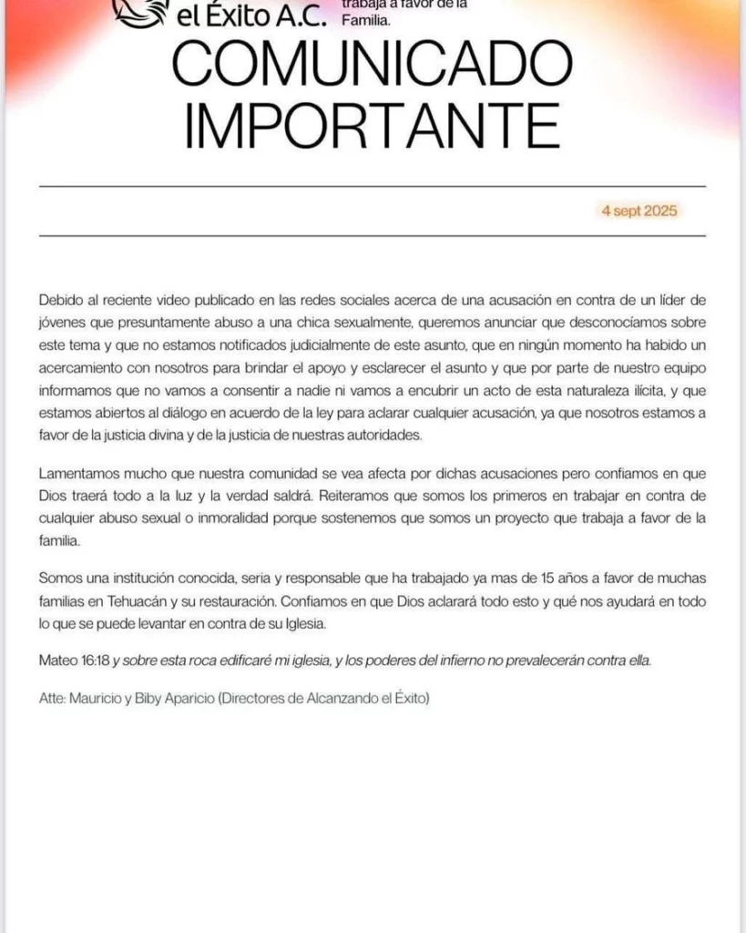 La iglesia "Alcanzando el éxito" repudió el abuso sexual contra una medad en Tehuacán.