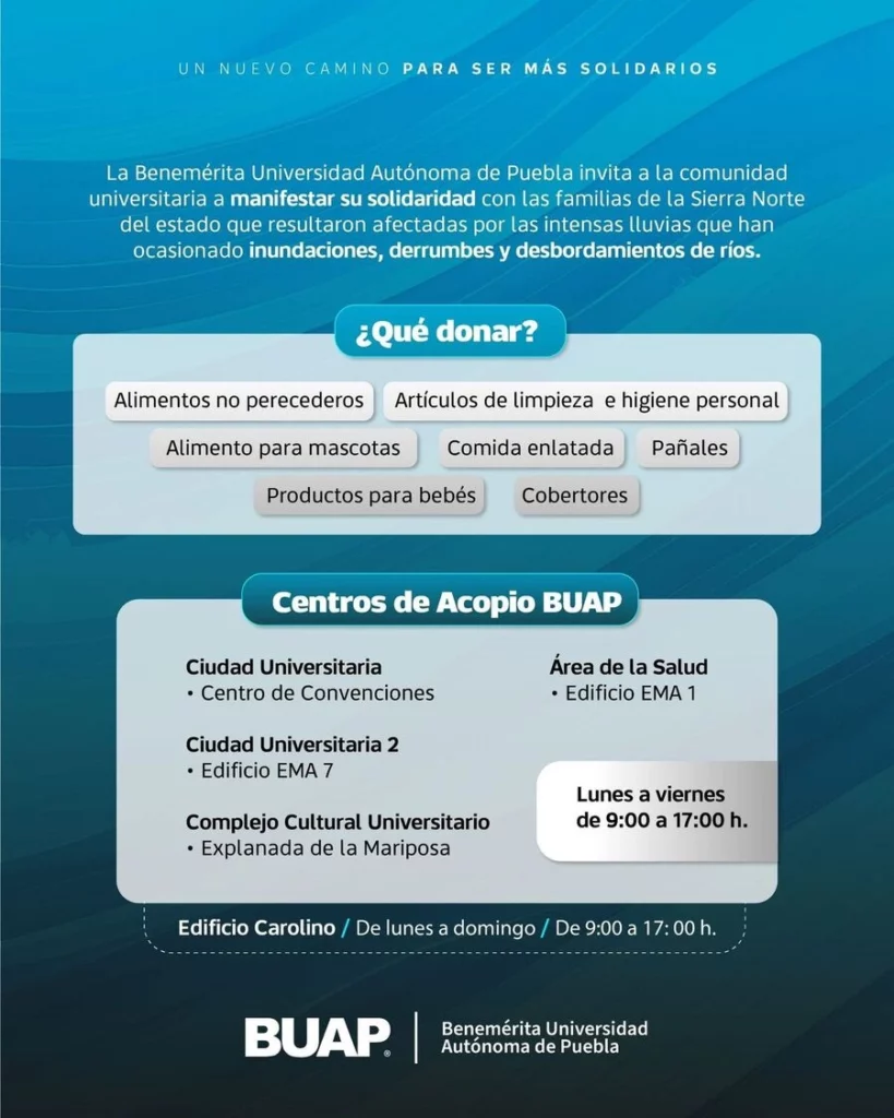 La BUAP habilitó cuatro puntos de donación para damnificados de la Sierra Norte.