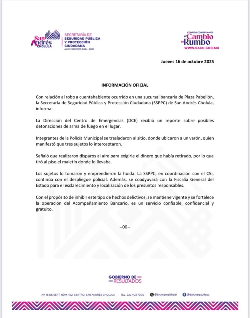 Los asaltantes del cuentahabiente en Banorte de Cholula huyeron. 
