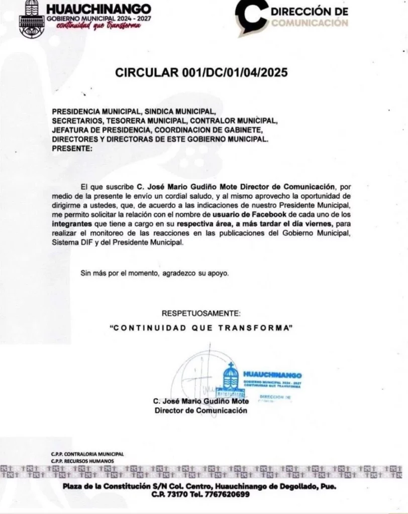 Acusan al Gobierno de Huauchinango de controlar a sus trabajadores en redes sociales.