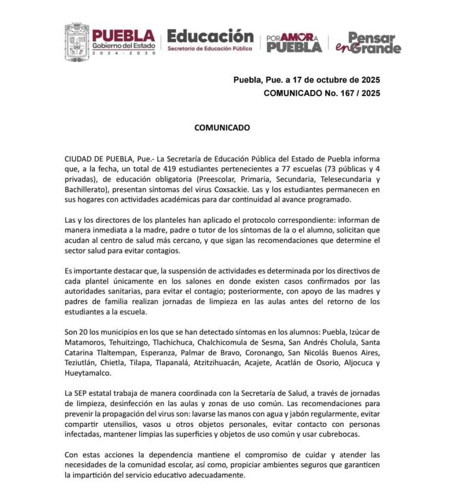 La Secretaría de Educación Pública (SEP) del Estado informó que 77 escuelas de Puebla de todos los niveles presentan contagios del virus coxsackie.