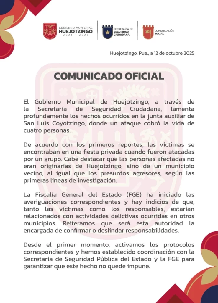 Ocurrió una masacre durante una fiesta de bautizo en la comunidad de San Luis Coyotzingo, ubicada en los límites de los municipios de Chiautzingo y Huejotzingo en Puebla.