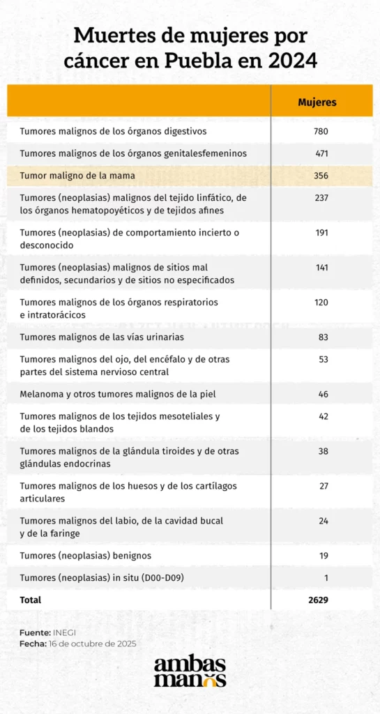 De acuerdo con el Inegi, el cáncer de mama es la tercera causa de muerte por tumores en mujeres de Puebla. 