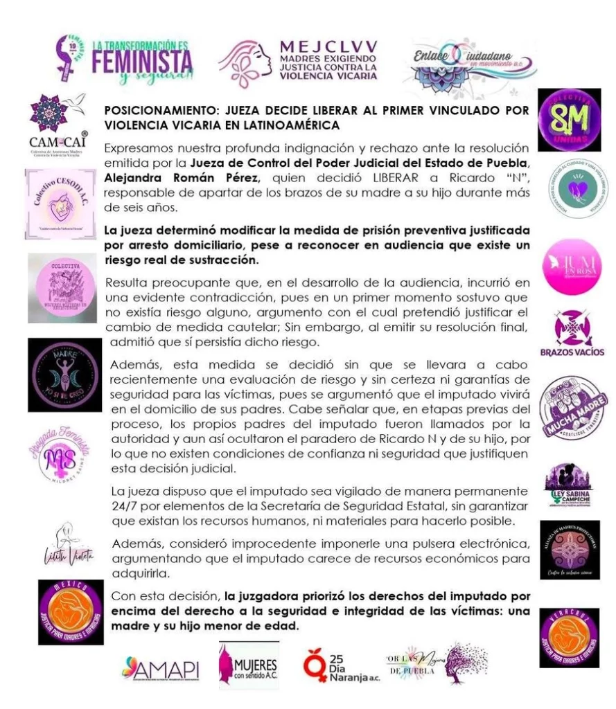 La colectiva Cam Cai pide a la jueza reconsiderar la determinación de liberar al primer vinculado a proceso por violencia vicaria.