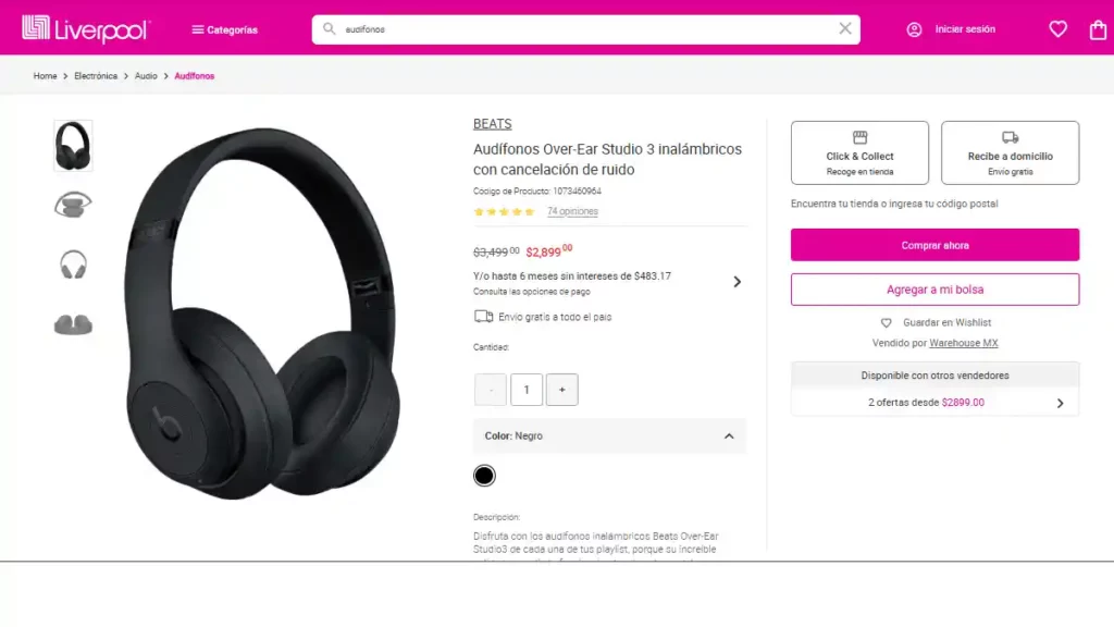 Precio de los Beats Studio en la tienda departamental Liverpool.