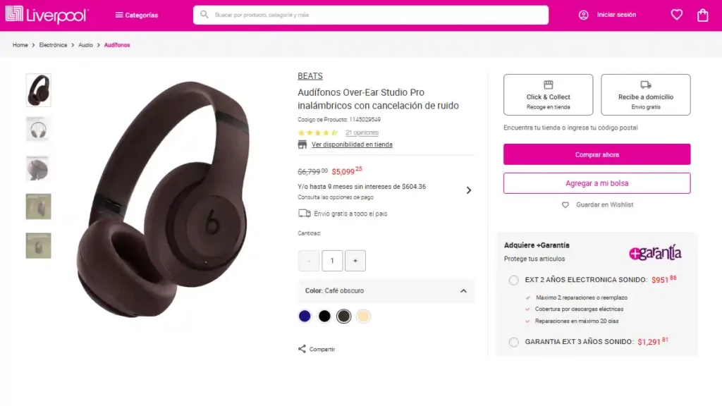 Precio de los audífonos Beats Studio Pro en la página de Liverpool.