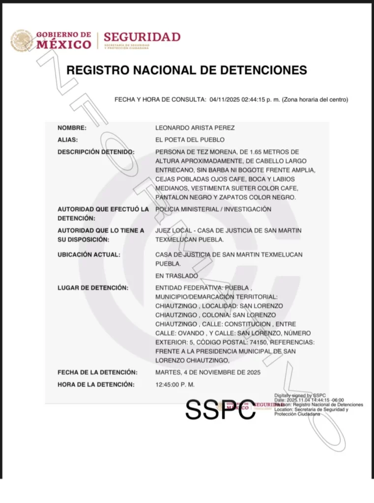 El director de Turismo en San Lorenzo Chiautzingo, Leonardo Arista Pérez, apodado “El Poeta del Pueblo”, fue arrestado.