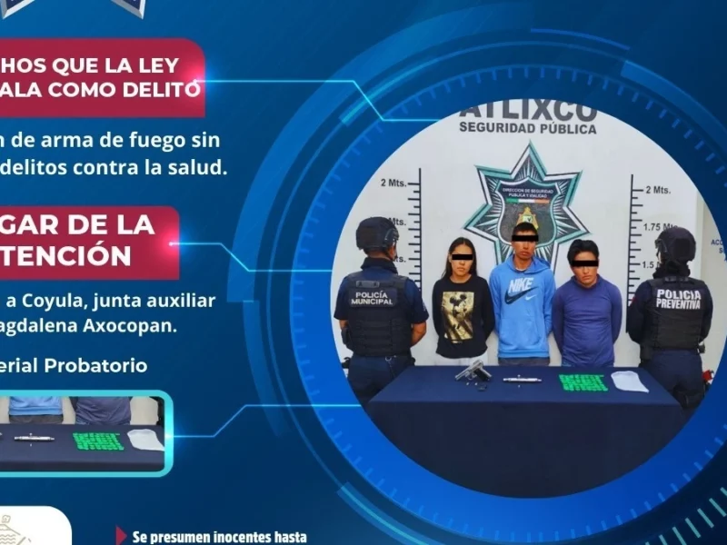 Policía de Atlixco detiene a tres por portación de armas y presunta droga