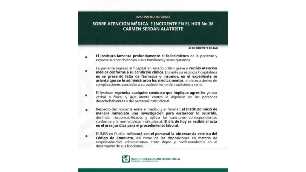 Comunicado del IMSS sobre la agresión en Hospital Carmen Serdán.