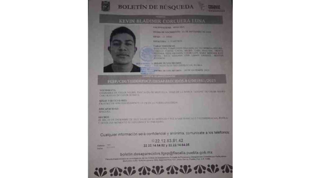 Boletín de búsqueda de Kevin Bladimir Corcuera Luna.