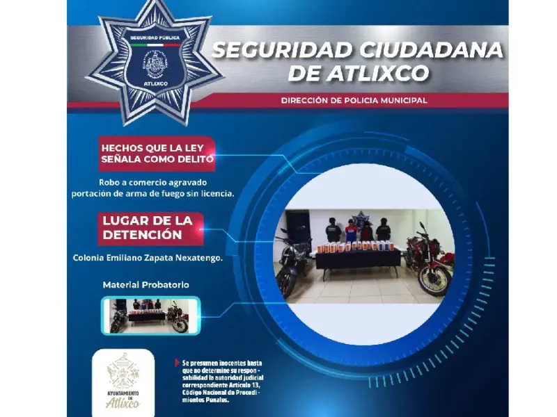 SSC Atlixco detiene a dos personas por robo a comercio y portación de arma de fuego