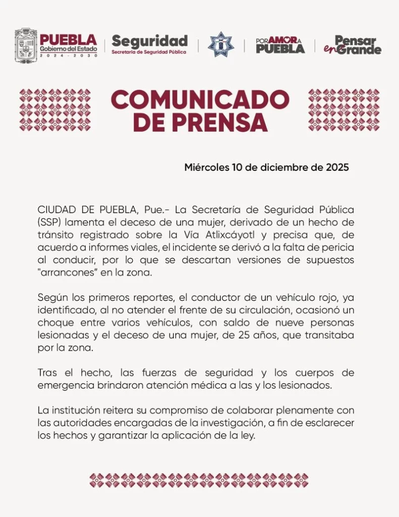 La SSP de Puebla negó la versión de que el accidente en Vía San Ángel, donde murió Maricarmen, fue ocasionado por arrancones.