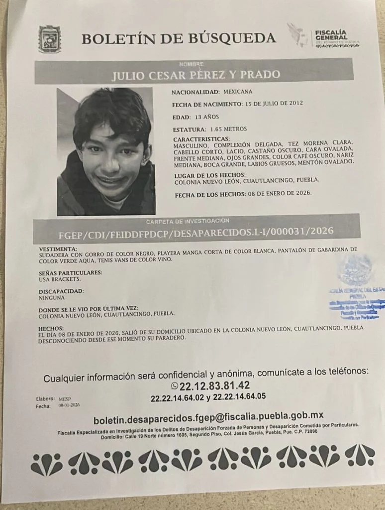 Julio César es el estudiante del Cenhch desaparecido, con sólo 13 años.