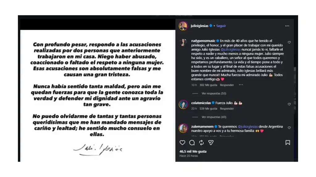 Mensaje de Julio Iglesias sobre las acusaciones de abuso en su contra.