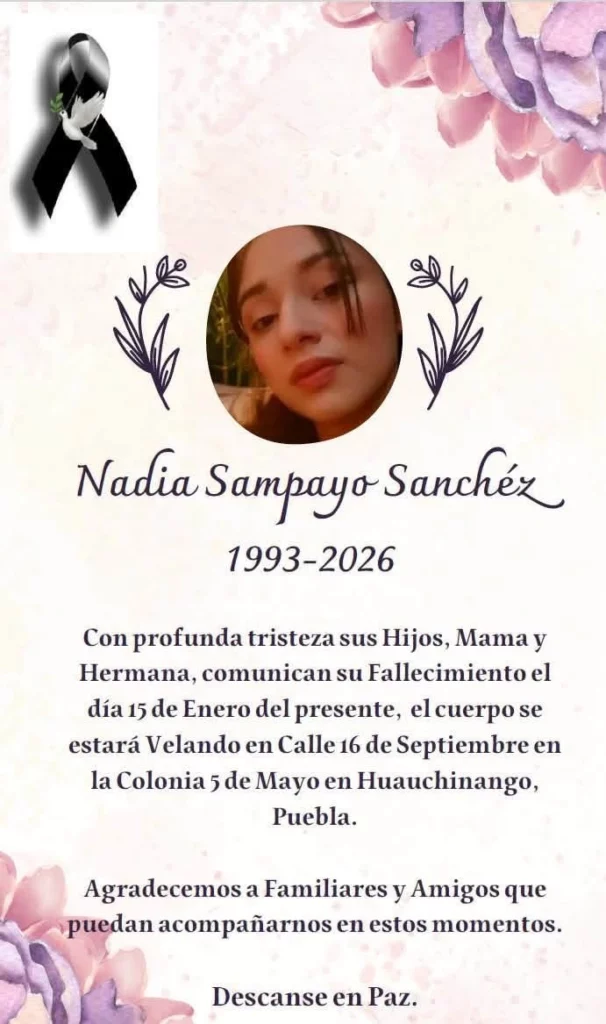 Nadia Sampayo, de 32 años. es la segunda víctim de feminicidio en Puebla.