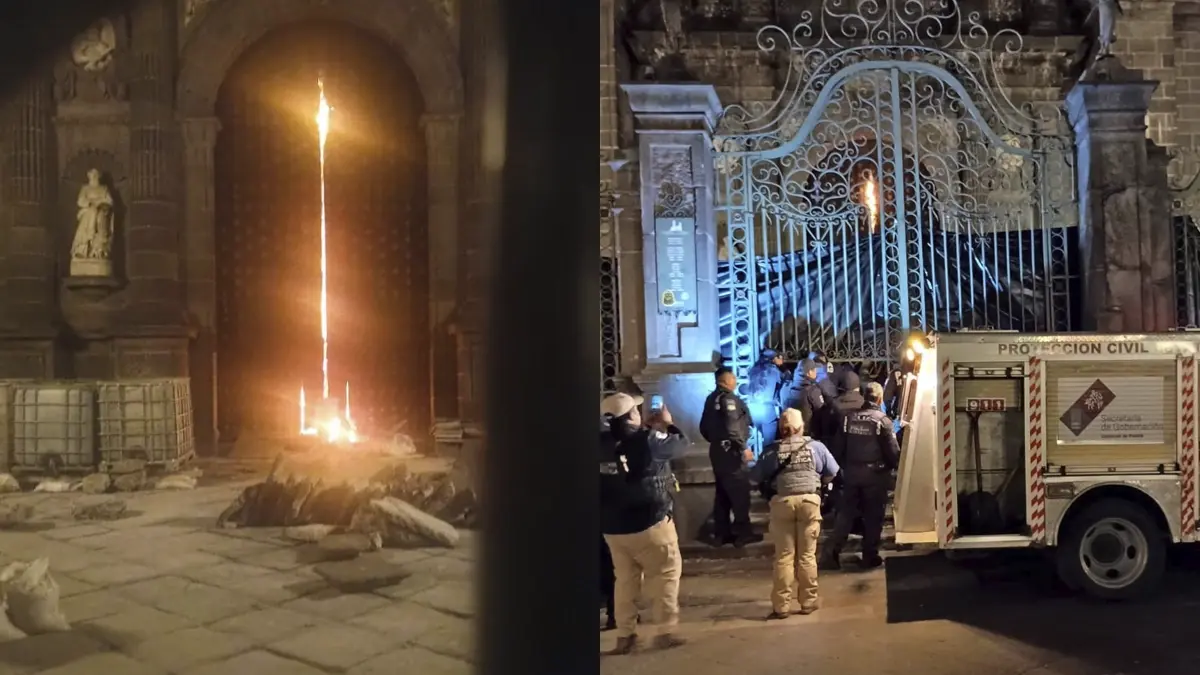 Se incendia una puerta de la Catedral de Puebla .