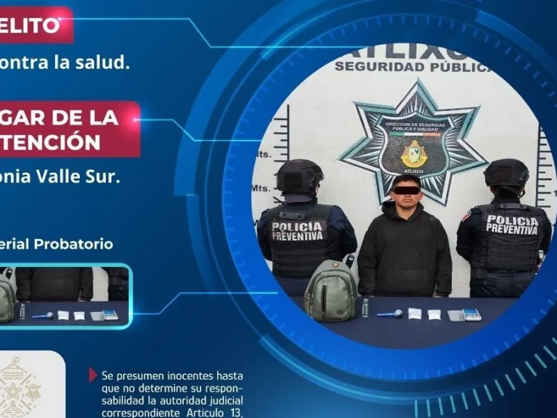 SSC de Atlixco detiene a hombre con presuntas sustancias ilícitas