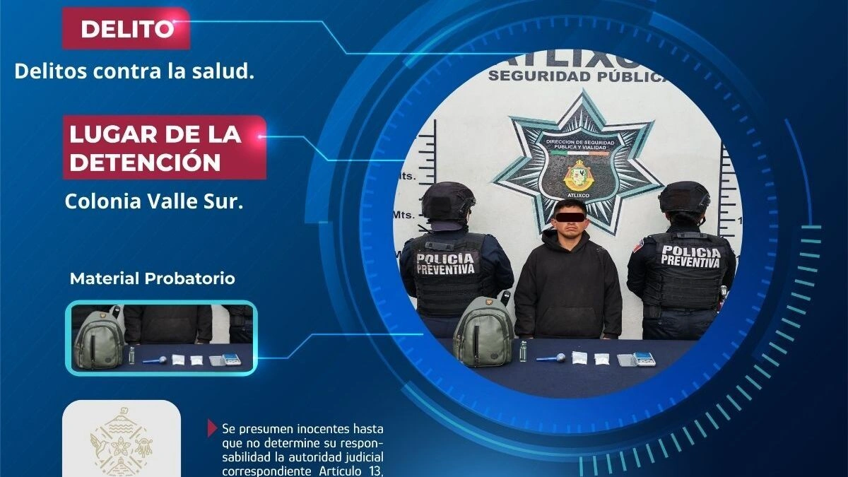 SSC de Atlixco detiene a hombre con presuntas sustancias ilícitas