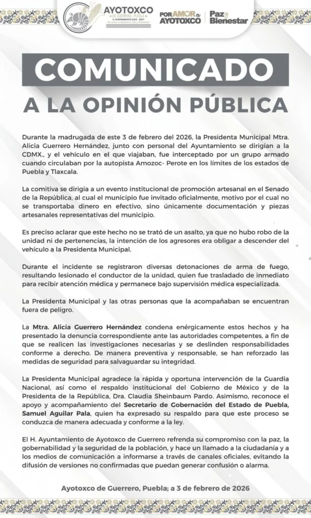 El ayuntamiento de Ayotoxco de Guerrero descartó un intento de asalto en contra de la presidenta municipal.