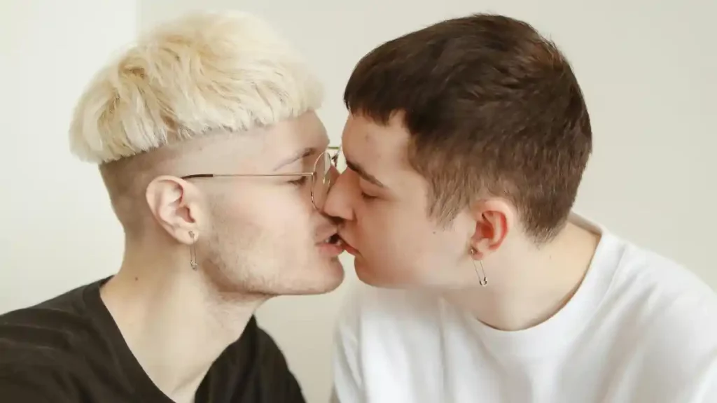 Pareja de dos chicos besándose.
