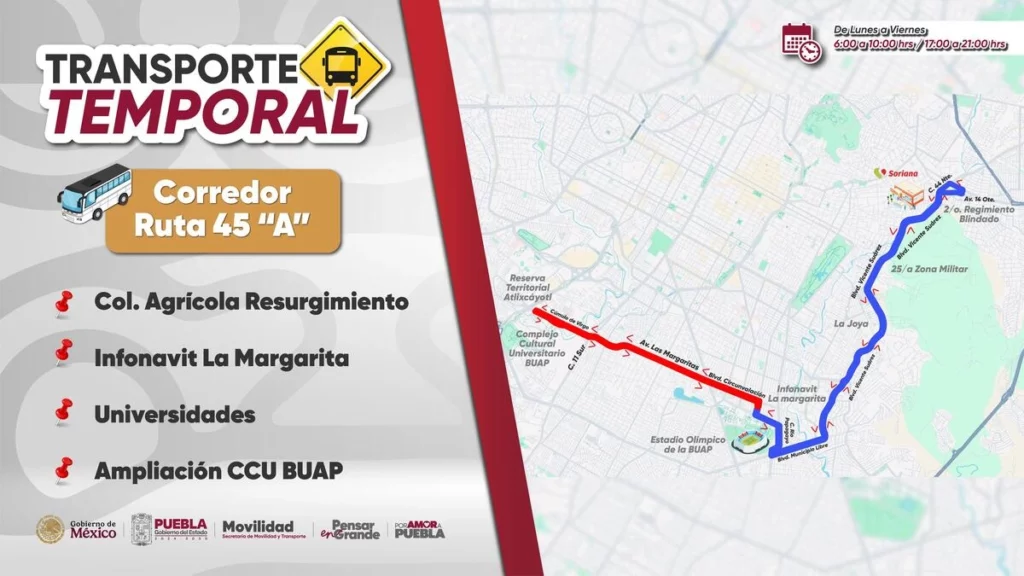 Con el nuevo recorrido, la ruta 45A llegará al CCU de la BUAP. 