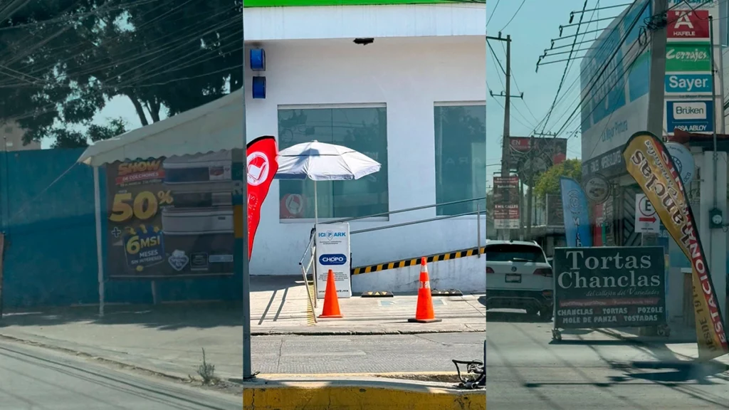 Con autos, publicidad y mobiliario comerciantes y vecinos invaden las banquetas en la Calzada Zavaleta y Camino Real a Cholula. 