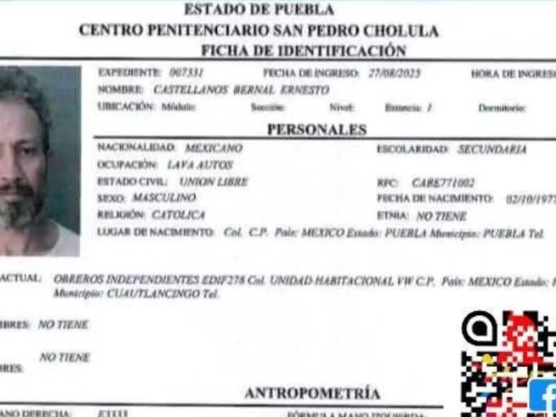 Se fuga reo del Cereso de San Pedro Cholula 