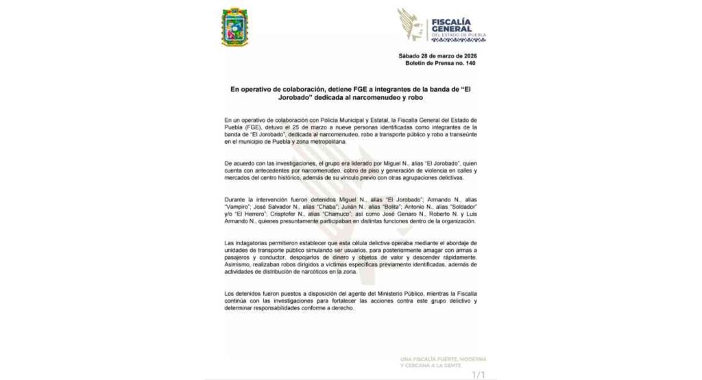 En operativo de colaboración, detiene FGE a integrantes de la banda de “El Jorobado” dedicada al narcomenudeo y robo.
