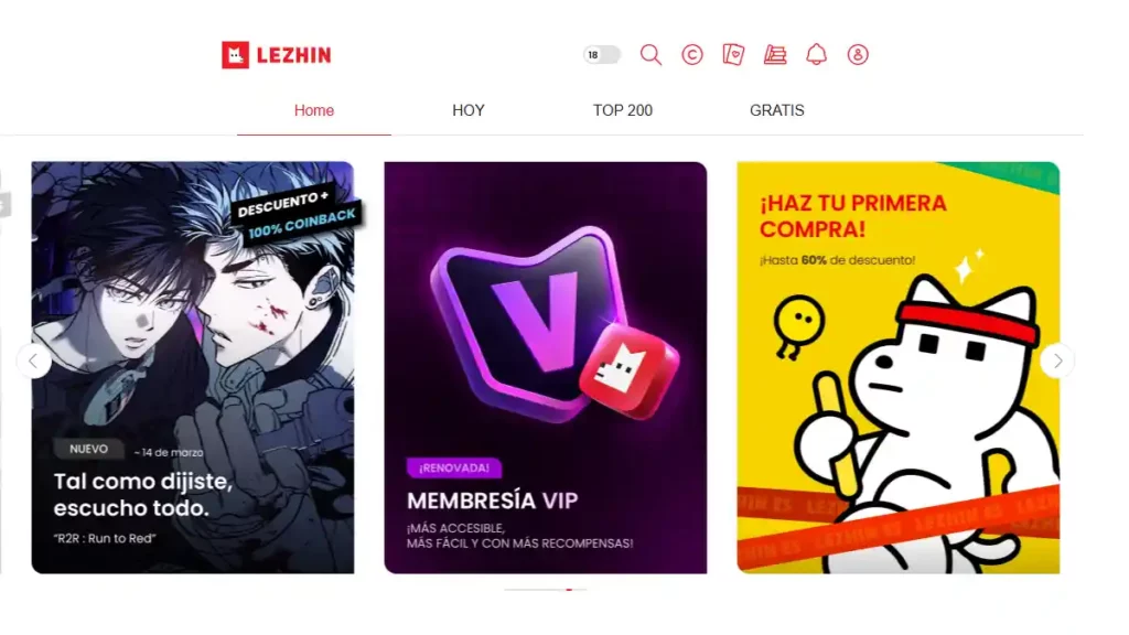 Menú de la plataforma Lezhin.