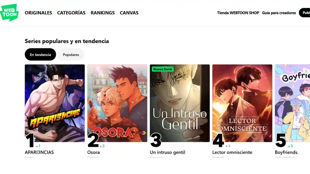 Página principal de WebToon, un sitio para leer manhwa.