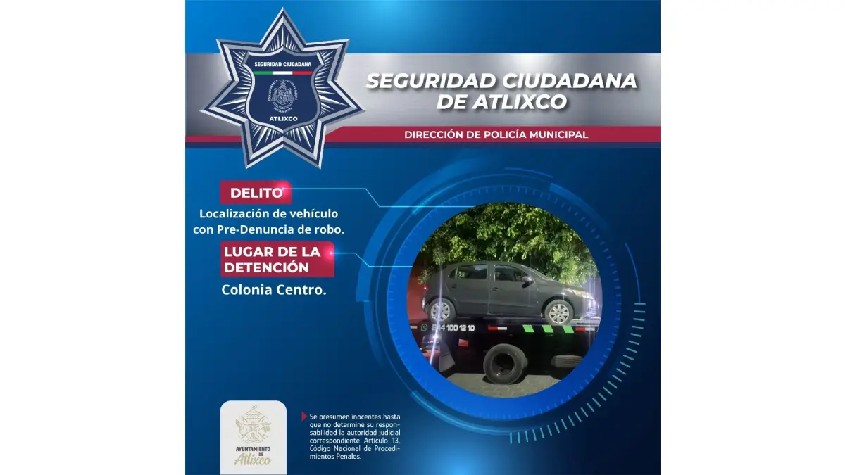 Secretaría de seguridad ciudadana de Atlixco recupera vehículo con predenuncia de robo