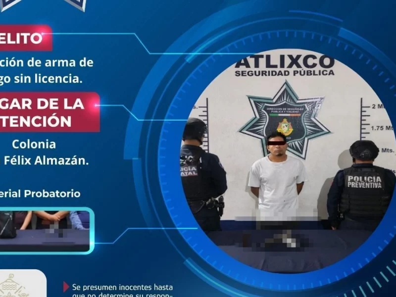 Secretaría de Seguridad de Atlixco detiene a hombre por portación de arma