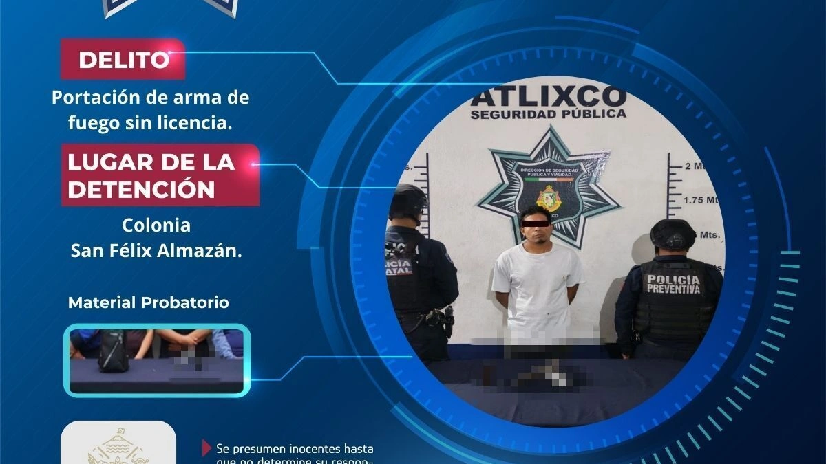 Secretaría de Seguridad de Atlixco detiene a hombre por portación de arma