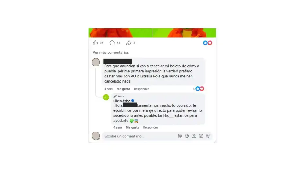 Comentarios de usuarios en la página de Facebook de Flix.