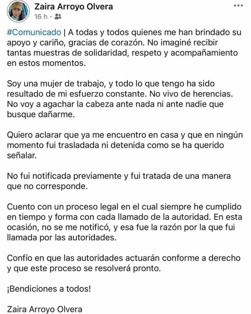 Zaira, exreina de la Feria de Zacatlán, anunció que enfrentará su proceso en libertad.