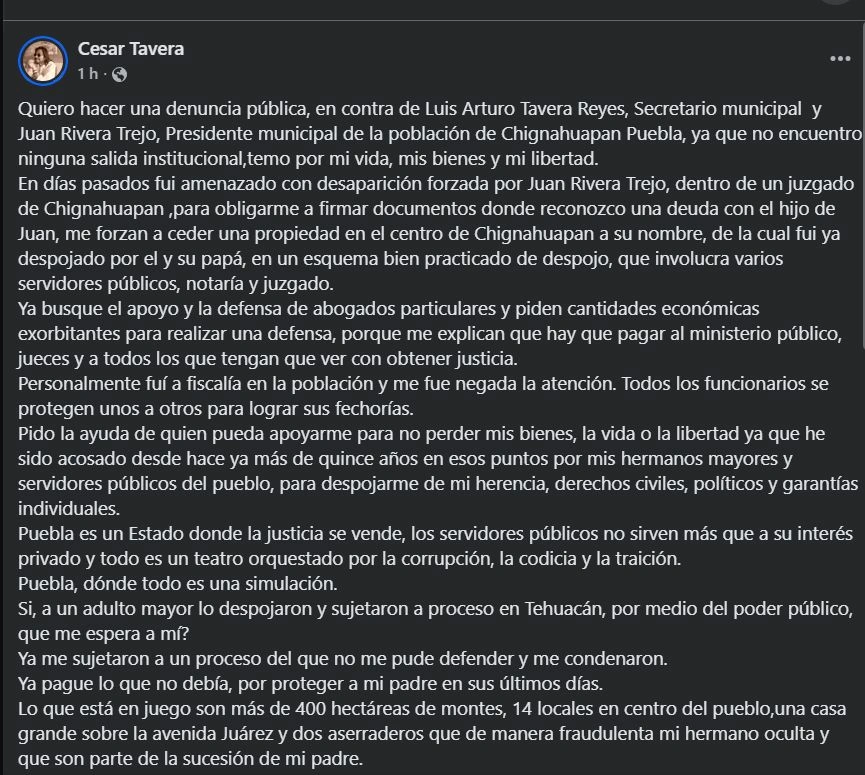 El empresario César Tavera denunció que ha sido víctima de amenazas por parte del presidente municipal de Chignahuapan, Juan Rivera Trejo.