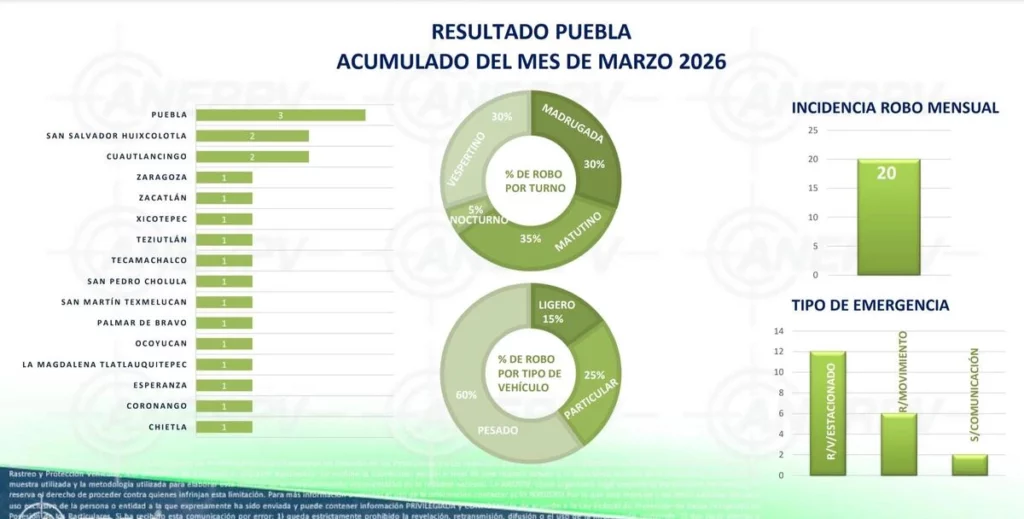 En marzo, hubo 828 robos de vehículos en Puebla.