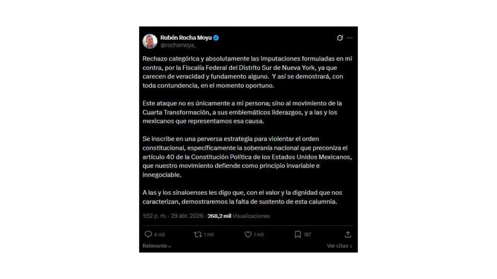 Publicación en X de Rubén Rocha sobre las acusaciones en su contra que hizo Estados Unidos.