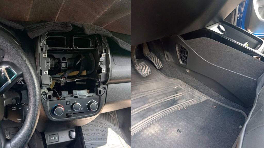 Daños en el interior del auto kwid, propiedad de una alumna de la Facultad de Artes de la BUAP.