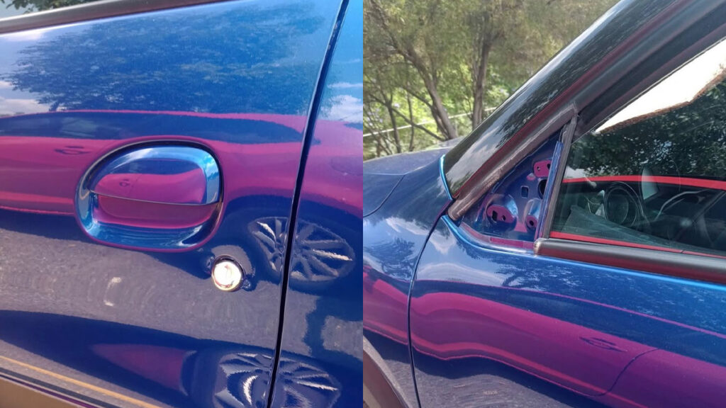 Daños en la cerradura y en la base donde va el espejo retrovisor del auto de una estudiante de la BUAP.