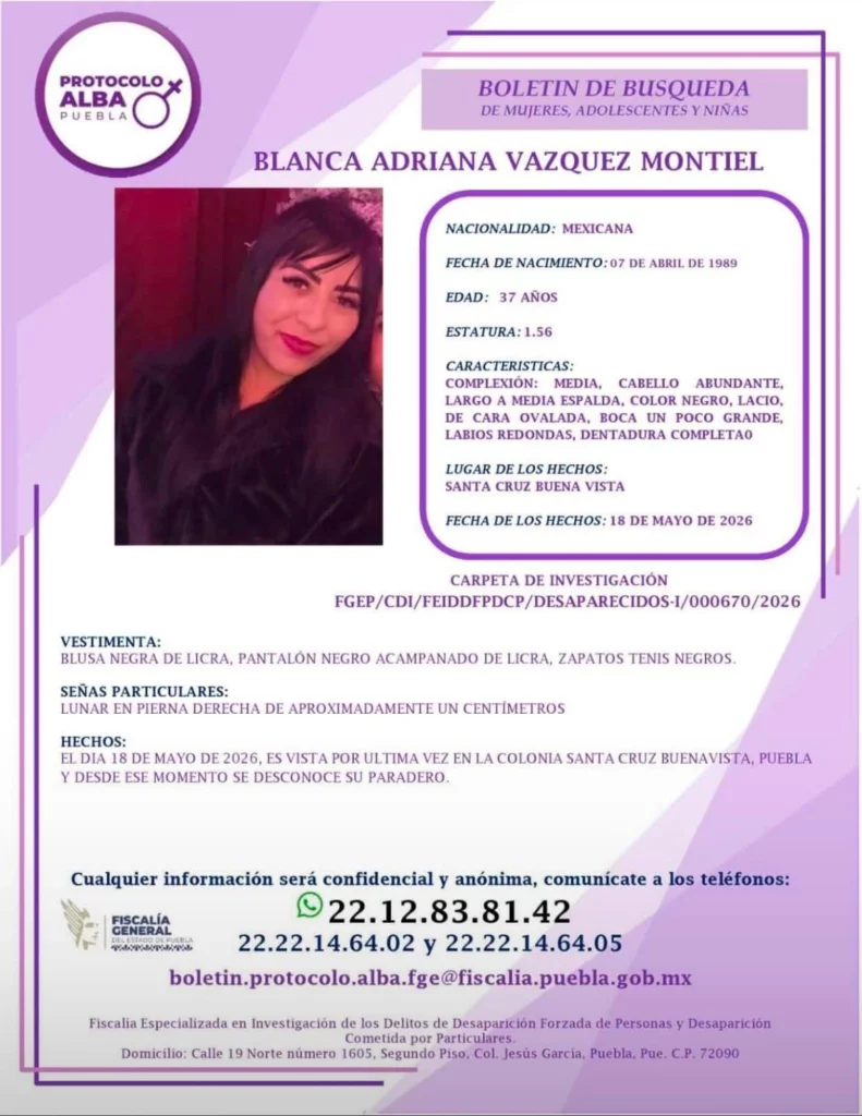 Blanca Adriana Vázquez Montiel, de 37 años de edad, desapareció después de acudir a la clínica Detox de Zavaleta ubicada en la colonia Santa Cruz Buenavista de la ciudad de Puebla.