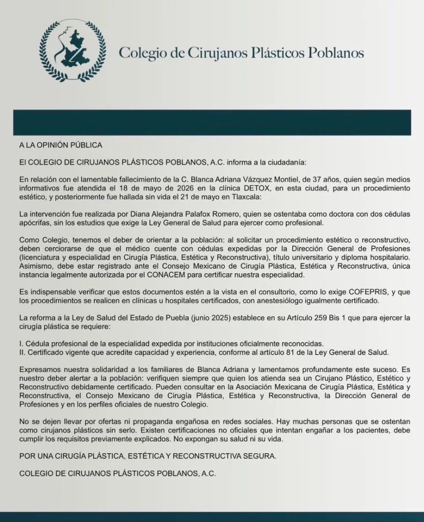 El Colegio de Cirujanos señaló que Diana Alejandra Palafox Romero operaba con dos cédulas falsas en la Clínica Detox.