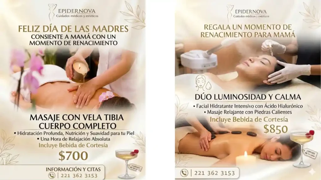 Promociones de paquetes de masajes y faciales de Epidernova en Puebla.