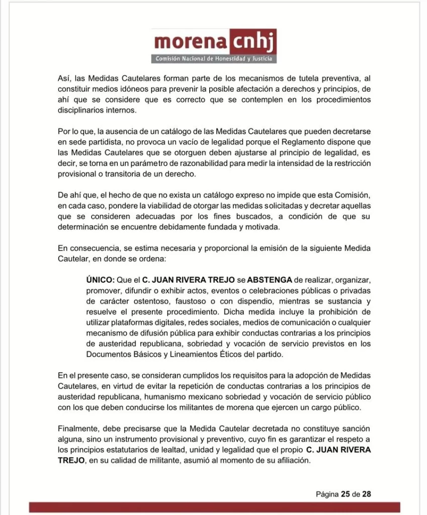 El 15 de mayo, Morena prohibió al alcalde de Chignahuapan, Juan Rivera, organizar y presumir eventos ostentosos.