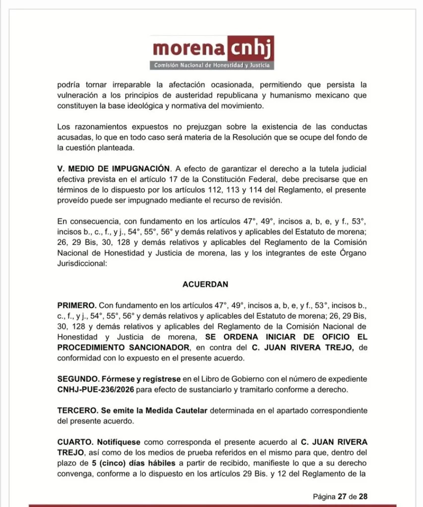 El CEN de Morena, a cargo de Ariadna Montiel, ya realiza un proceso interno en contra del edil de Chignahuapan, Juan Rivera.