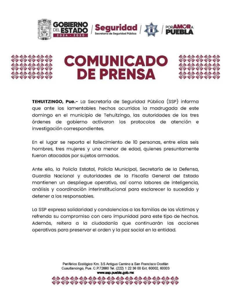 La SSP confirmó la masacre de una familia en Texcalapa mediante un comunicado.