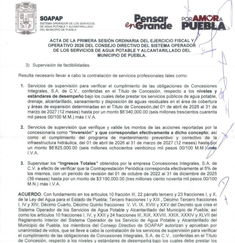 A través del Soapap, el gobierno acordó contratar tres servicios profesionales de auditoría para supervisar el trabajo de Agua de Puebla.