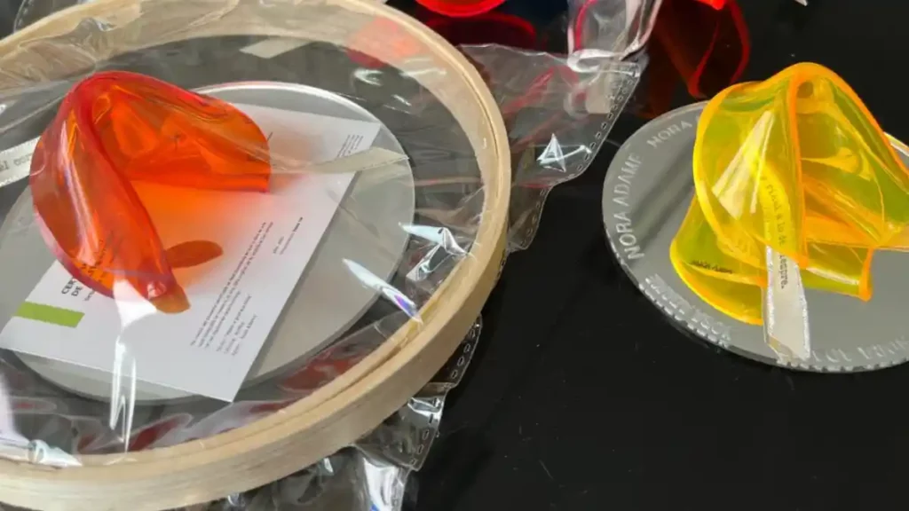 Dos bolsas Fortune Cookies en colores fluorescentes.