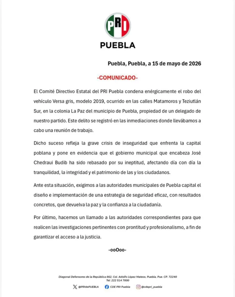 Un delegado del Partido Revolucionario Institucional (PRI) fue víctima del robo de su auto en la colonia La Paz, en Puebla capital.